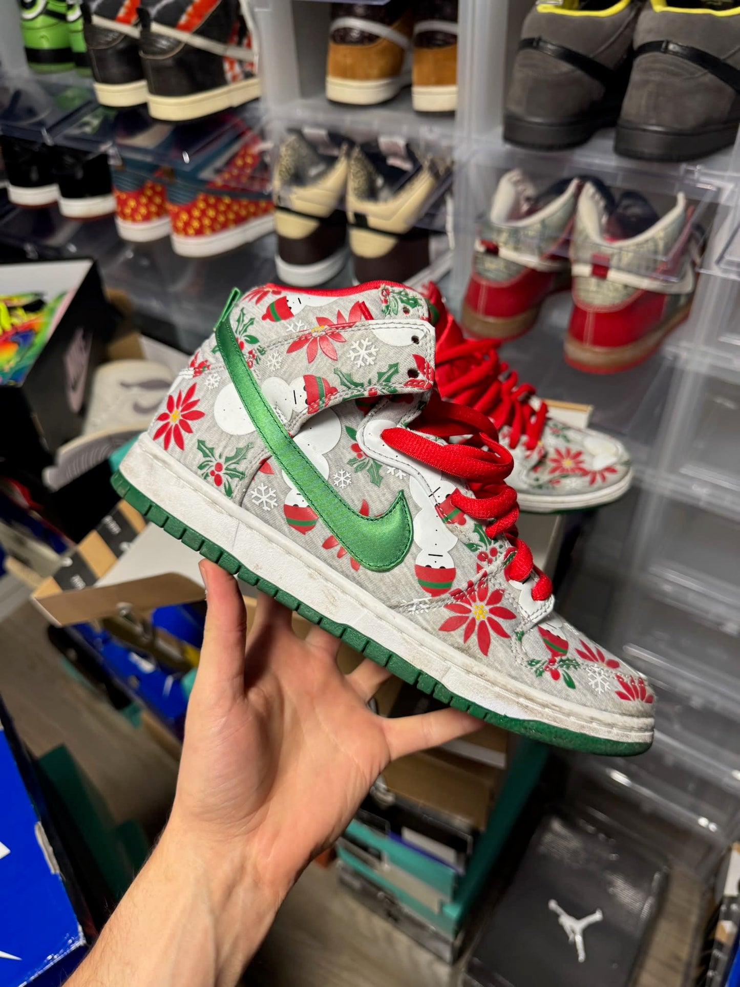 Size 9 Preowned Nike SB Dunk High Concepts Ugly Christmas Sweater Grey